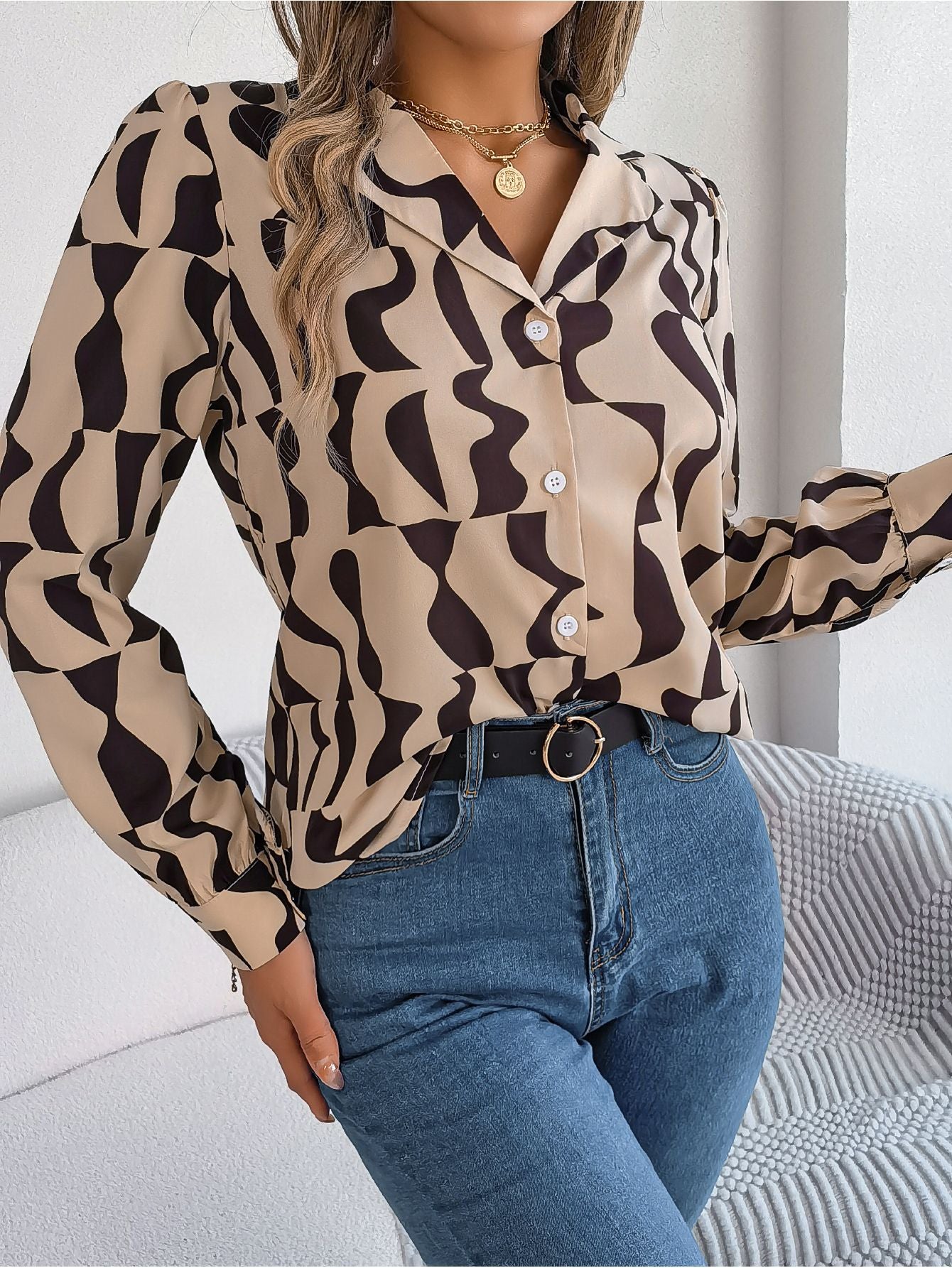 Women's Temperament Contrast Color Striped Collar Long Lace Shirt, Chiffon Shirt