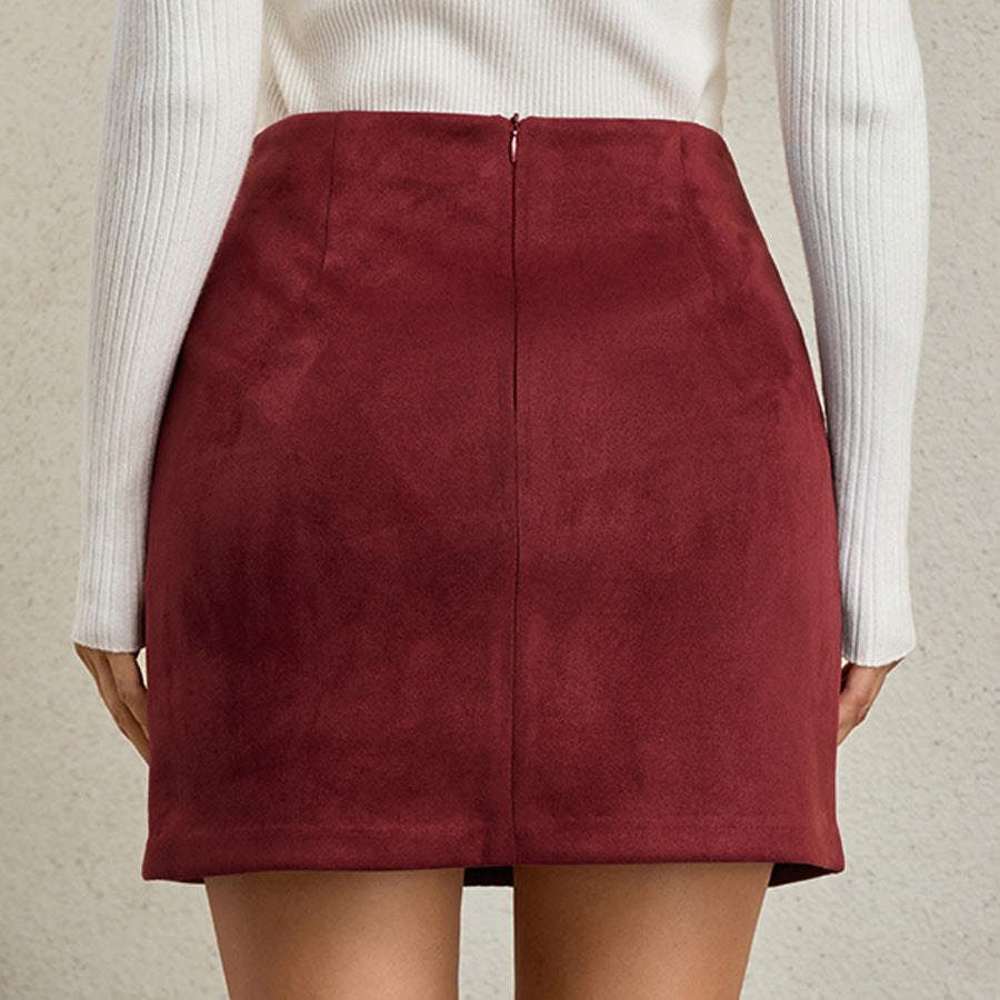 Women's Suede Pocket High Waist Zipper Solid Skirt
