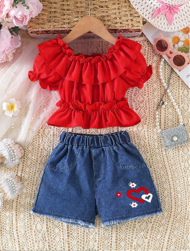 Summer Wear Pure Color Ruffles Top Love Denim Children's Suit