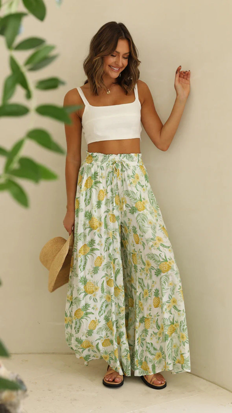 Women's Summer Printed Trousers Elastic Waistband Wide Leg High Casual Pants