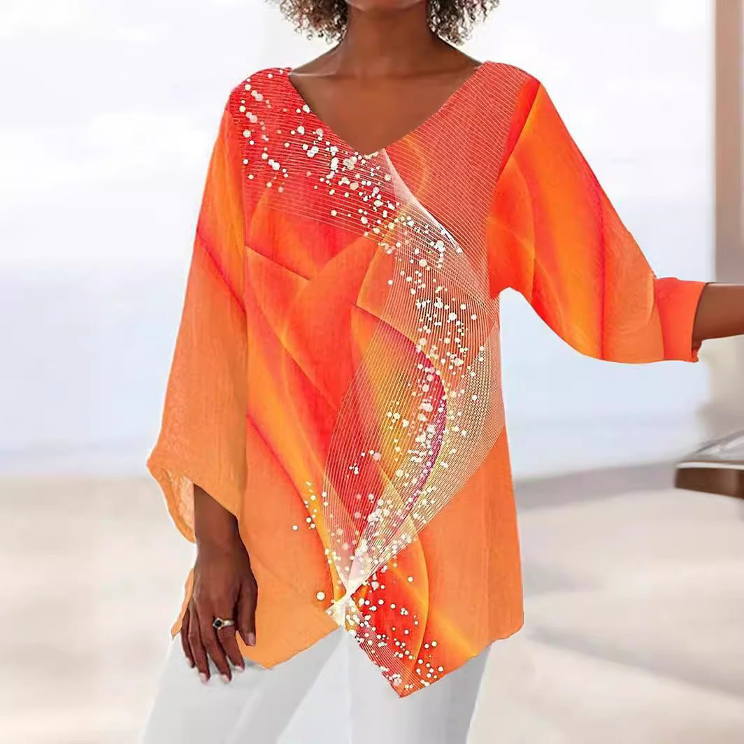 Women's Leisure Loose Irregular Printed Long Sleeve Tops