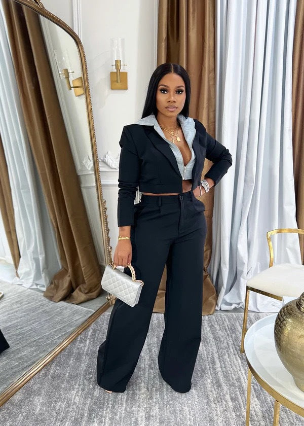 Women's Stitching Fake Two-piece Hooded Trousers Set Fashion Casual Suit