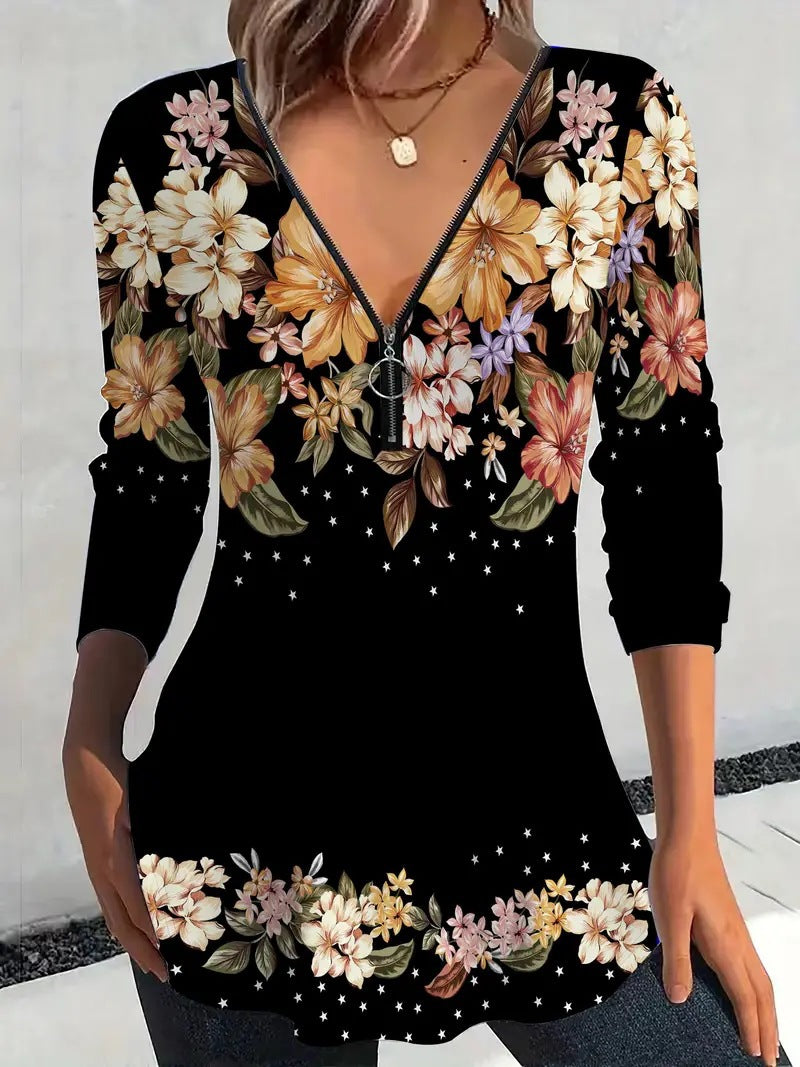 Women's Elegant Casual Zipper Floral Print Long Tops