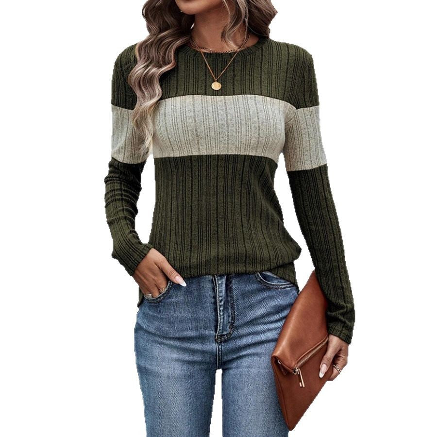 Autumn Color Contrast Patchwork Round Neck Long Women's T-shirt