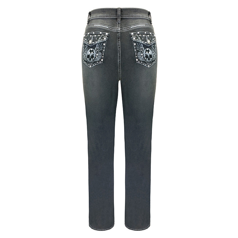Women's Embroidered Skull Hot Rhinestone Stretch Slim Fit Slimming Small Denim Pants