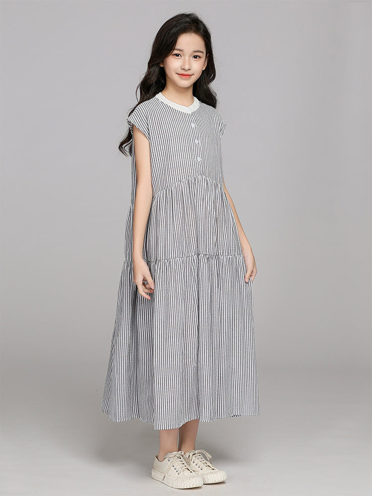 Small Teen Striped Summer Sleeveless Stand Collar Children's Dress