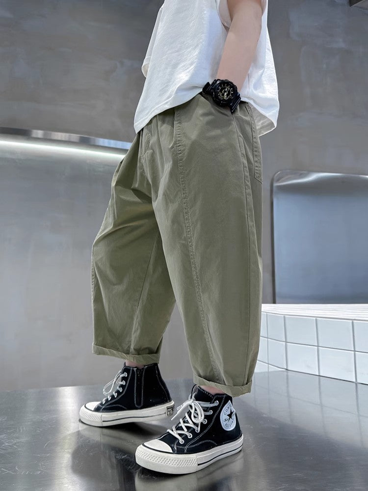 Pure Cotton Ankle Length Cargo Wear Spring Handsome Thin Children's Pants