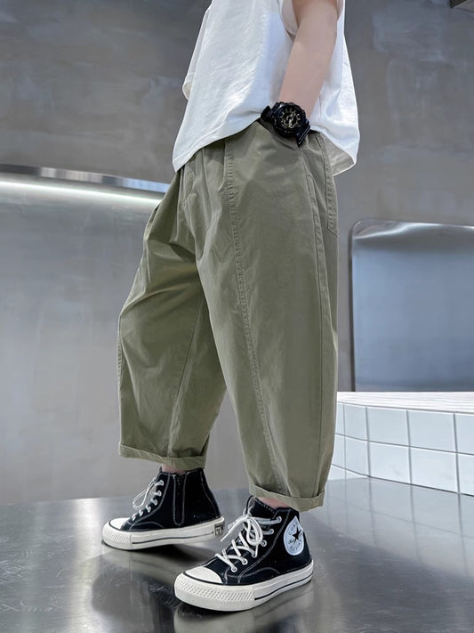 Pure Cotton Ankle Length Cargo Wear Spring Handsome Thin Children's Pants