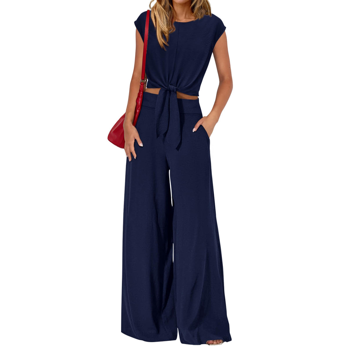 Women's Sleeveless Round Neck Tied Cropped Suits