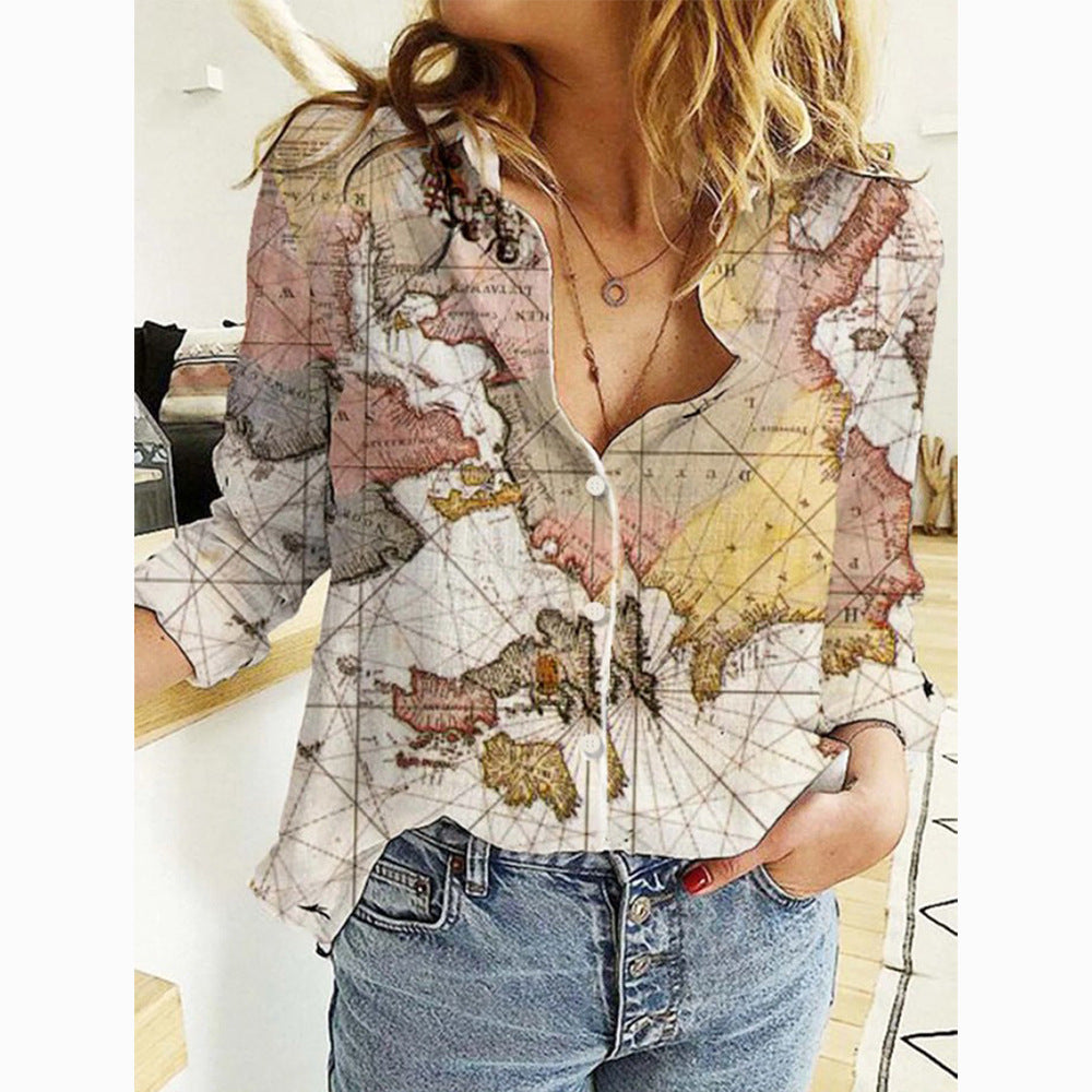 Women's Shirt Map Depicting Printed Long-sleeved Blouse