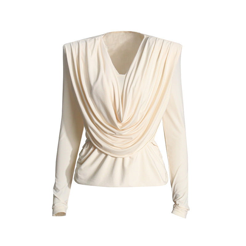 Women's Clothes Summer Fashion Swing Collar Padded Shoulder Pleating Slim Slimming Blouse