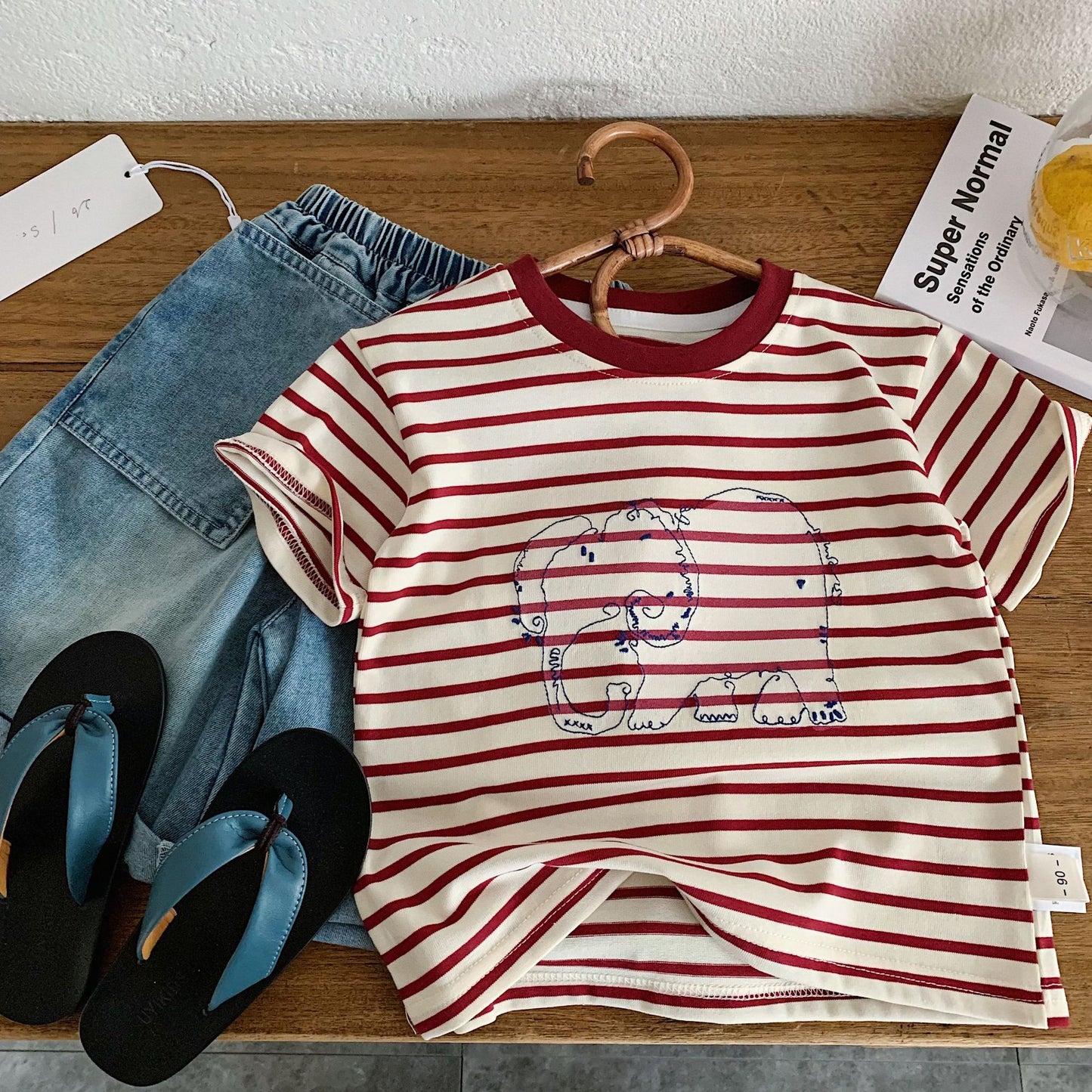 Children's Short-sleeved Summer Embroidered Elephant Striped Western Style Children's T-shirt