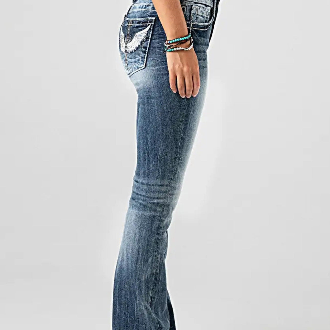 Women's Embroidered Washed Stretch Denim Trousers Slim Street Women's Jeans