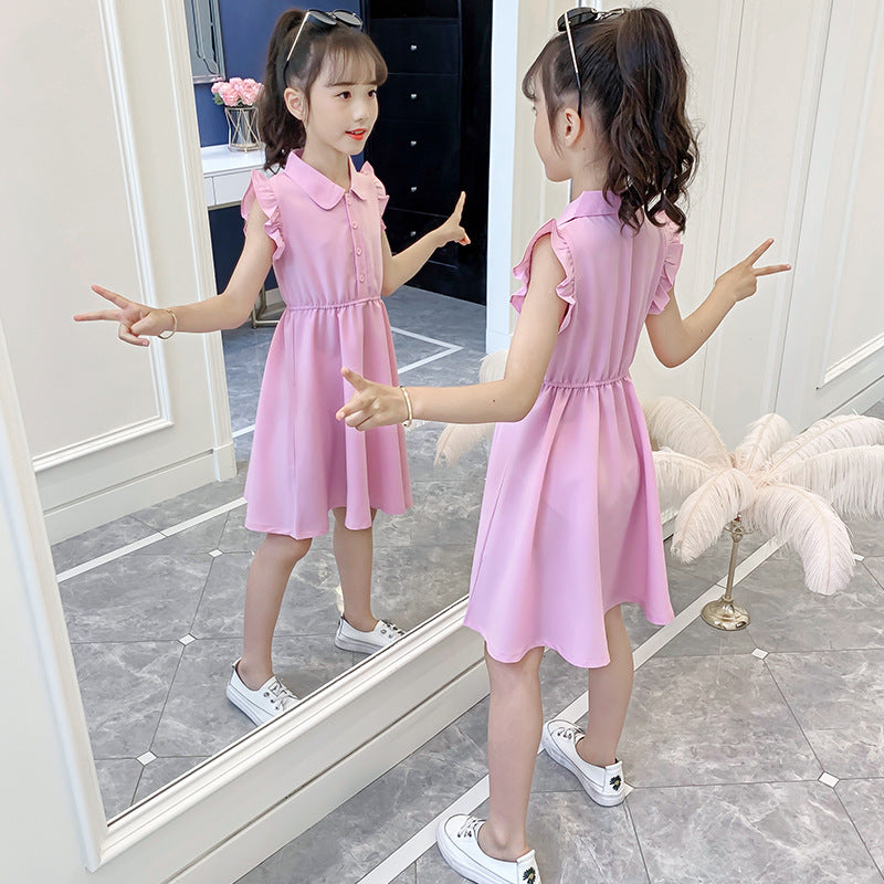 Children's Fashionable Solid Color Polo Collar Wooden Ear Teens Children's Dress
