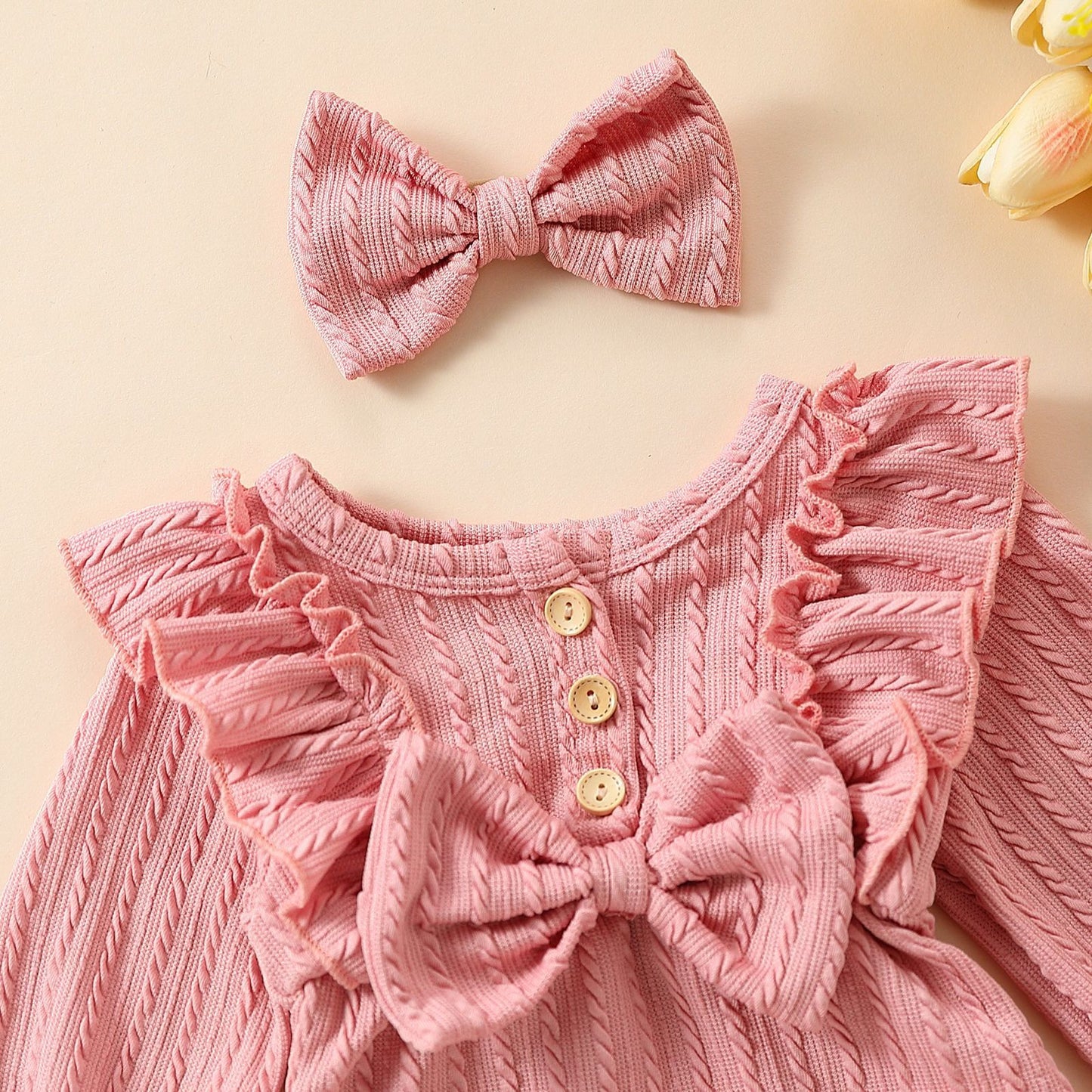 Long Sleeve Bowknot Sunken Stripe Romper Headscarf Two-piece Set Sweet Jumpsuit, Climbing Suit