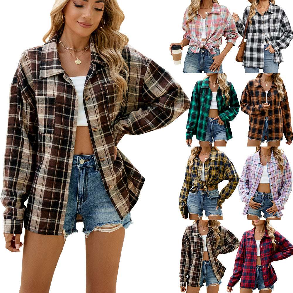 Women's Lapel Long Sleeve Pocket Button Plaid Shirt Tops