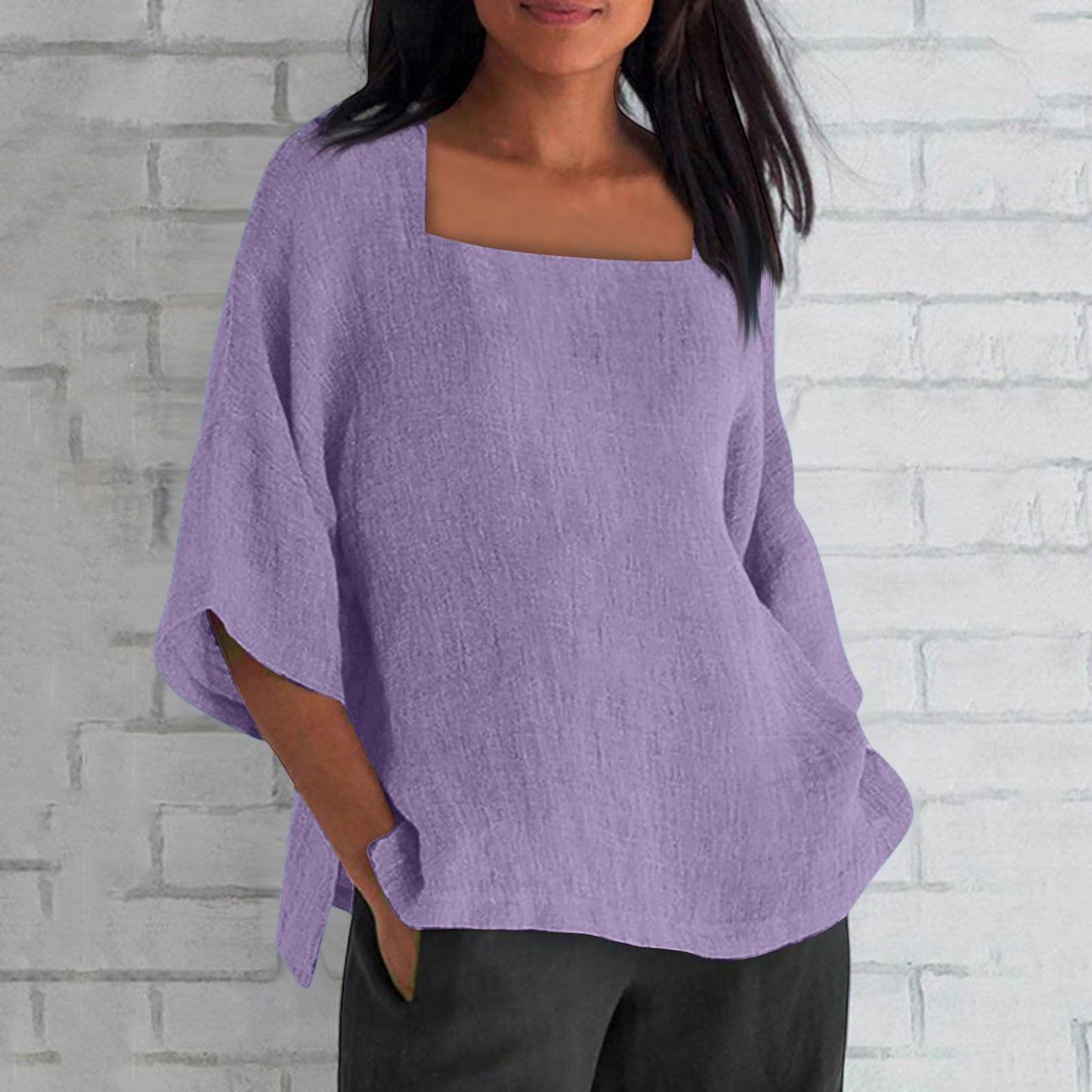Women's Three-quarter Sleeve Square Collar Cotton Linen Blouse