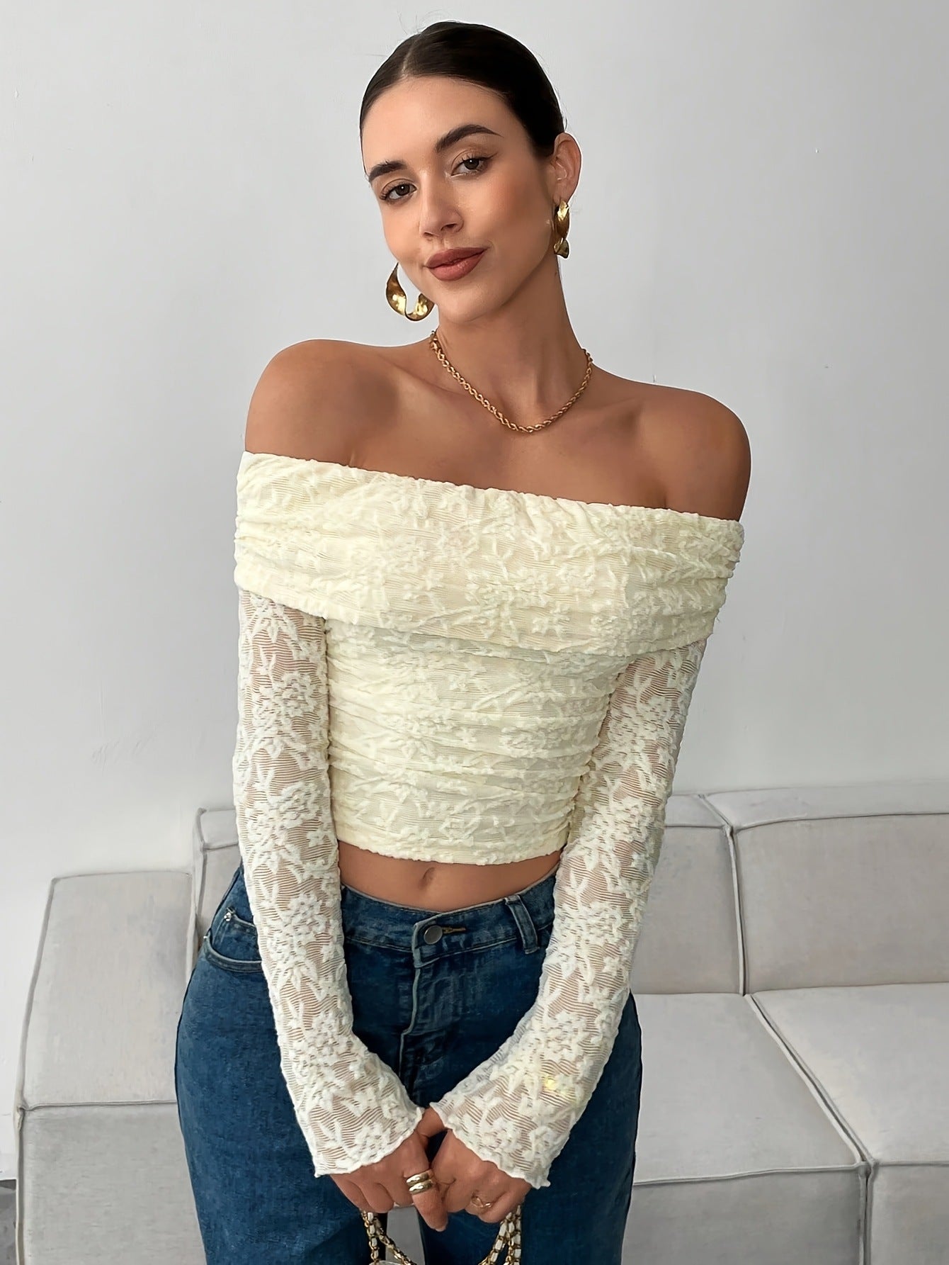 Women's Flower Long Sleeve Backless Versatile Slimming Lace Shirt, Chiffon Shirt