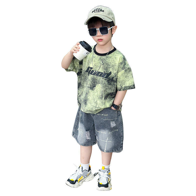 Children's Boy Summer Clothing Short-sleeved Thin Letter T-shirt Two-piece Children's Suit