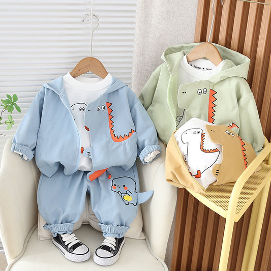 Spring Boys Cartoon Hooded Long Sleeve Three-piece Casual Shirt Children's Suit