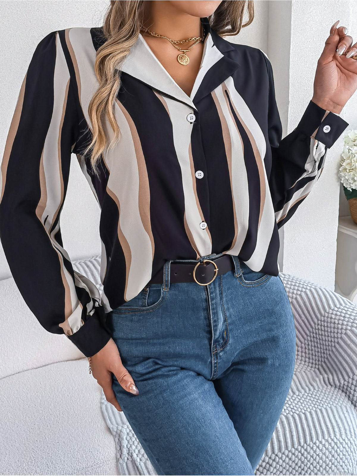 Women's Versatile Contrast Color Striped Collar Long Lace Shirt, Chiffon Shirt