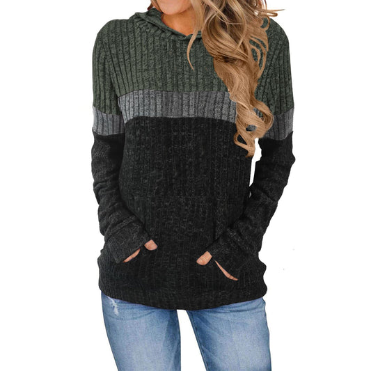 Women's Casual Contrast Color Pocket Stitching Hooded Large Size T-shirt