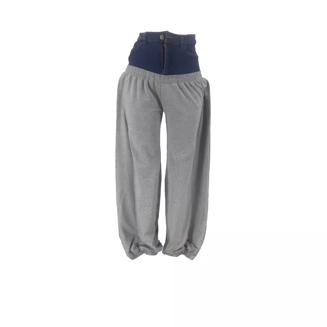 Stylish Women's Denim Knitted Stitching Long Casual Pants