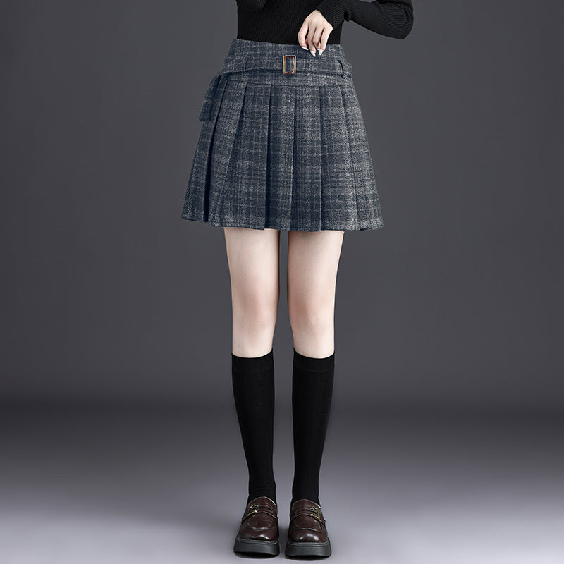 Women's Gray Plaid Pleated Thick High Waist A- Skirt