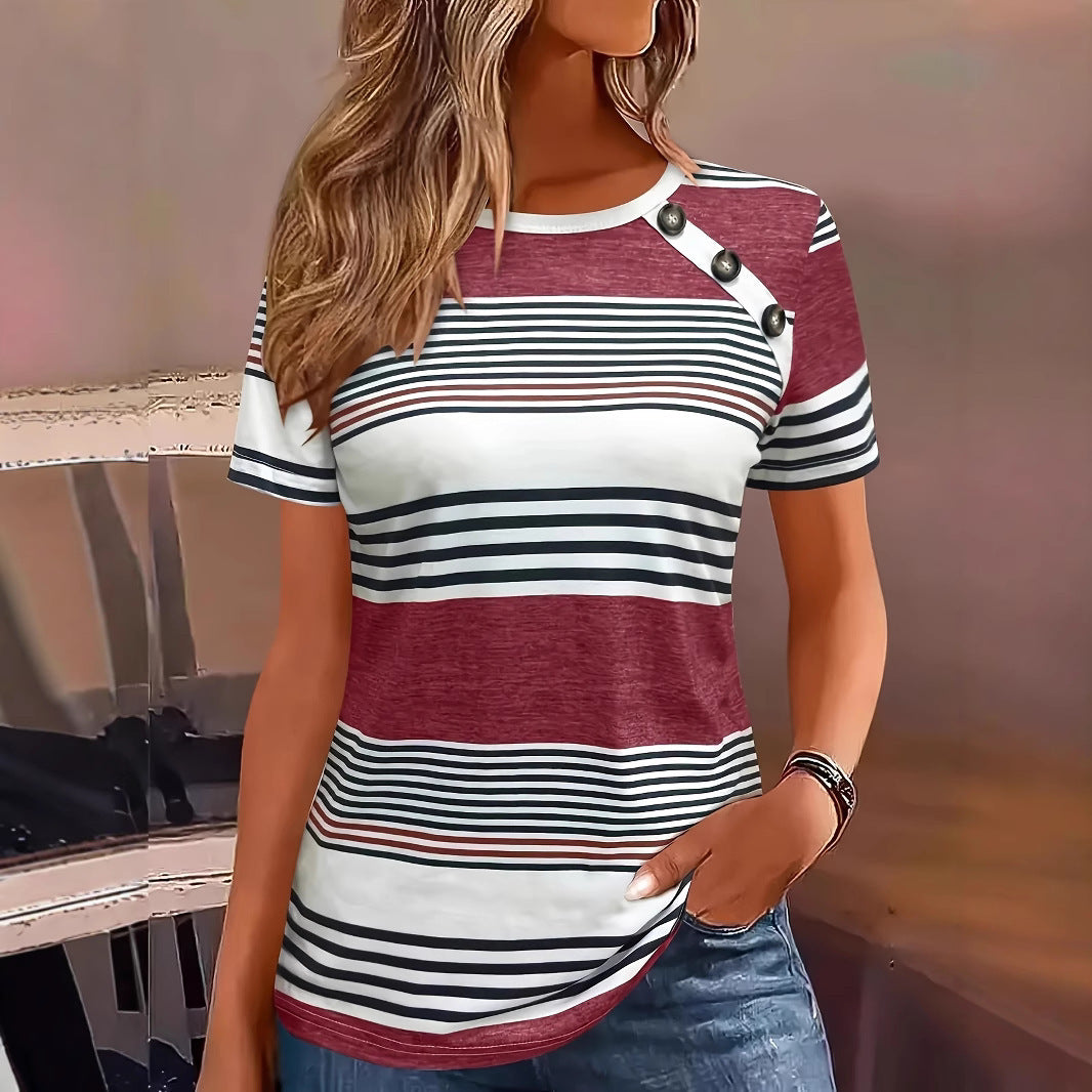 Women's Summer Striped Contrast Color Button Round Neck Shorts