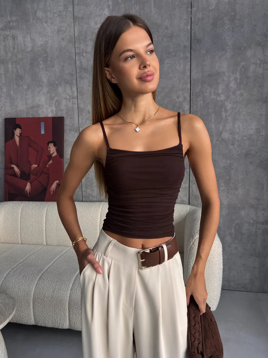 Women's Hot Pleated Sexy Camisole Slim Fit Slimming Mesh Small Vest/suspenders/tube Top