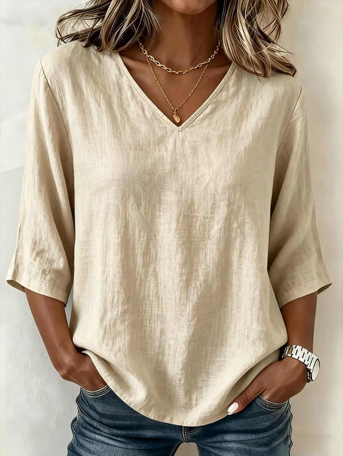 Women's Casual Loose Fashion Slub Cotton Blouse