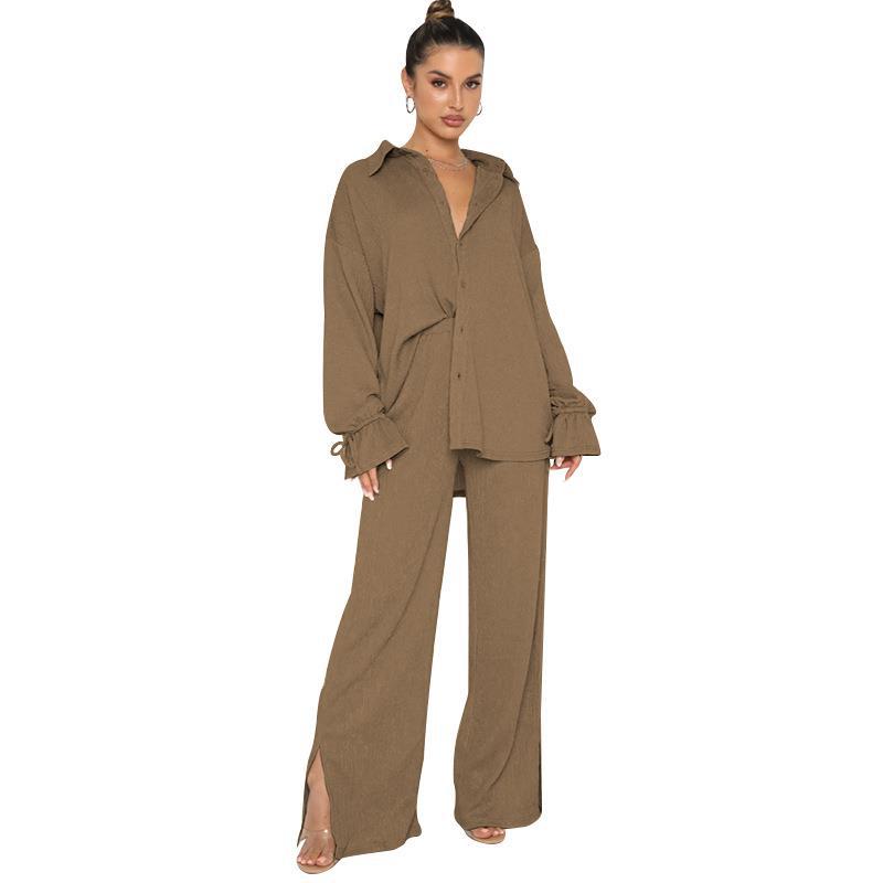 Women's Spring Solid Color Polo Collar Single-breasted Long Sleeve Tied Tops