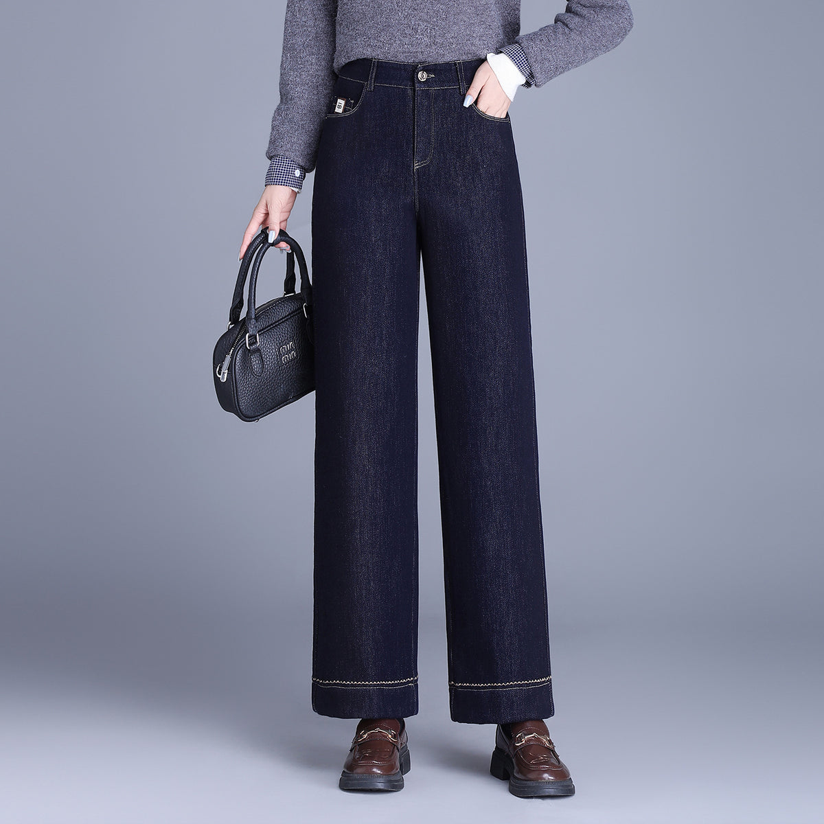 Women's Denim Blue High Waist Veet Thickening Casual Pants