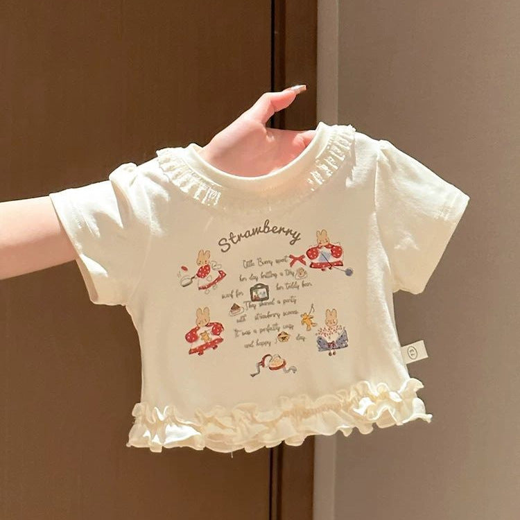 Children's Wooden Ear Clothing Sweet Cute Cartoon Short Children's T-shirt