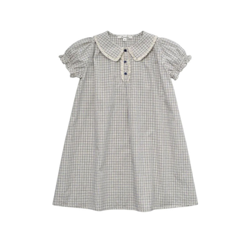 Cotton Jacquard Blue Plaid Silk Short Children's Dress
