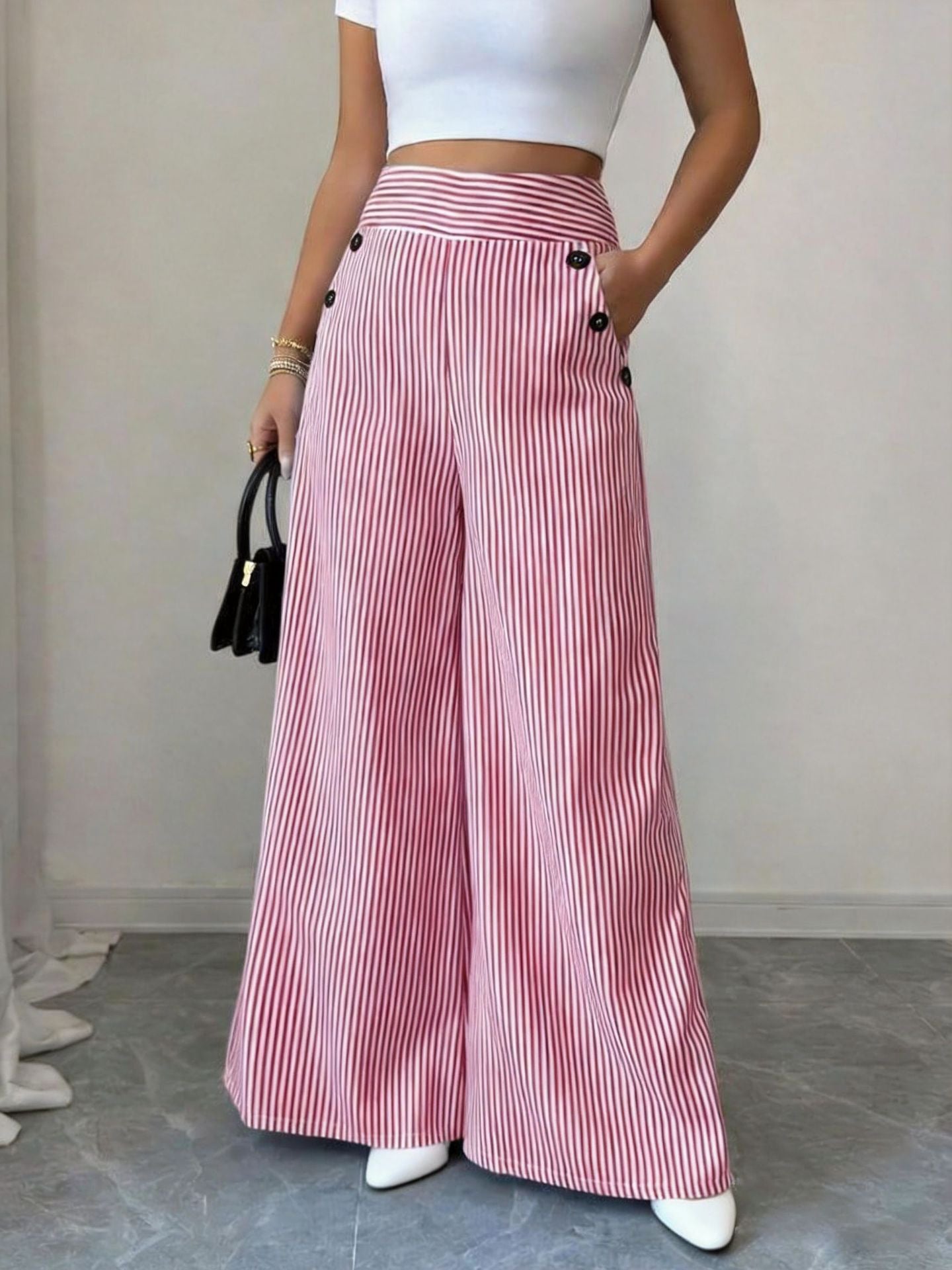 Women's Waist Wide Leg With Vertical Stripes Thin Casual Pants