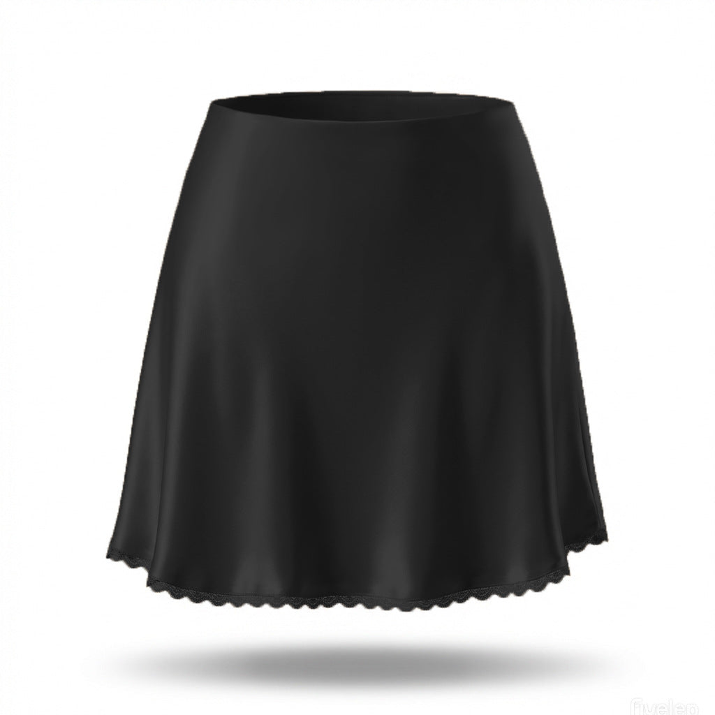 Satin High Waist Elastic Sexy Lace A- Skirt