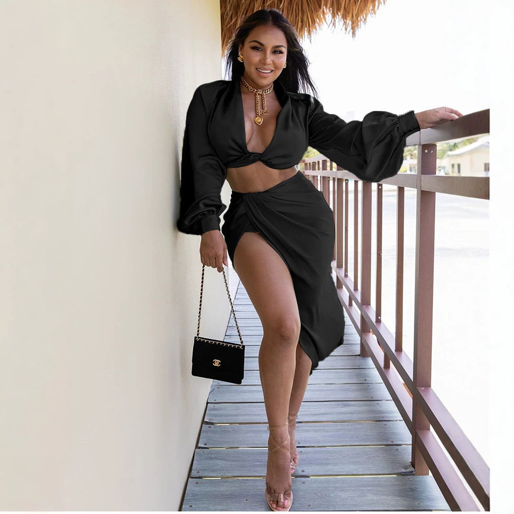 Women's Two-piece Satin Outfit Split Dress Fashion Casual Suit