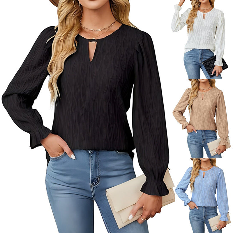 Women's Solid Color Jacquard Round Neck Long Women's T-shirt