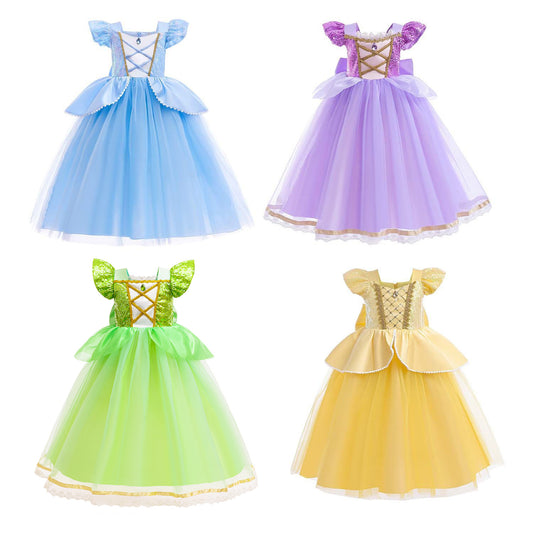 Sequins Stitching Mesh Puffy Long Hair Children's Dress