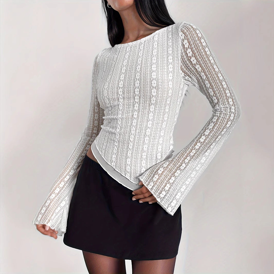 Summer Fashion Temperament Pure Color Long Lace Shirt, Chiffon Shirt
