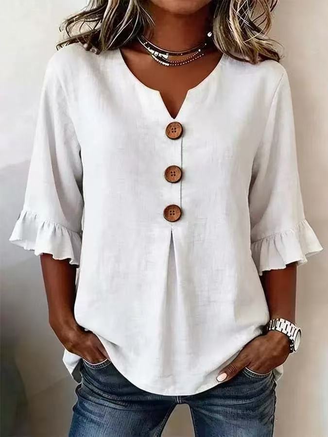 Women's Summer Buttons Ruffled Half Sleeves Loose Blouses