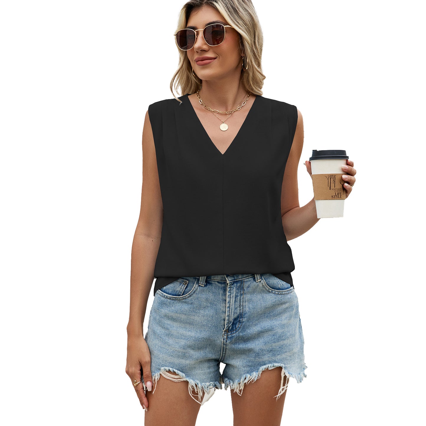 Summer Solid Color Loose Pleated Sleeveless Lace Shirt, Chiffon Shirt