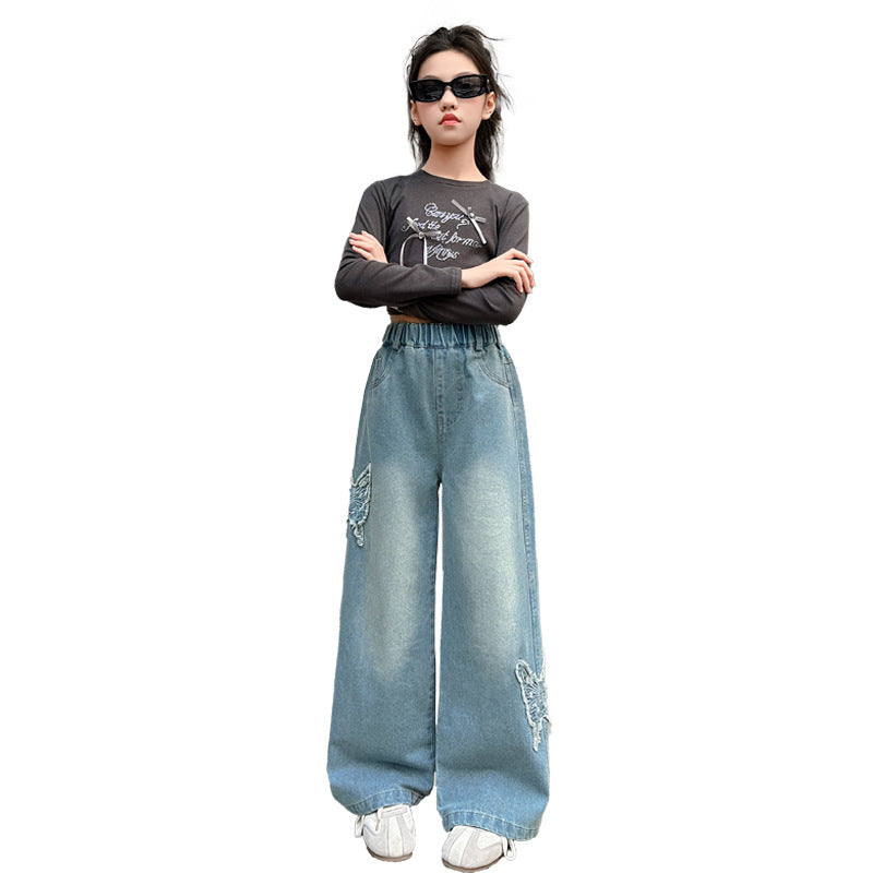 Children's Jeans Big American Butterfly Embroidered Loose Fried Children's Pants