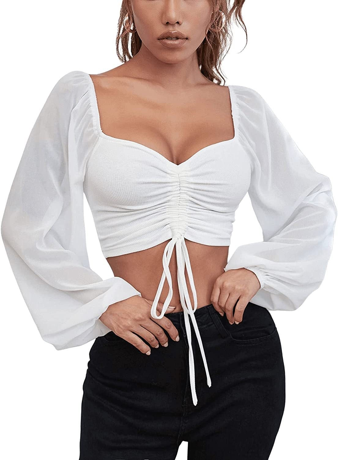 Women's Summer Chiffon Drawstring Lantern Sleeve Skinny Fashion Tops