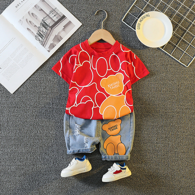 Children's Boy's Cartoon Printed Round Neck Short Sleeve T-shirt Personality Children's Suit