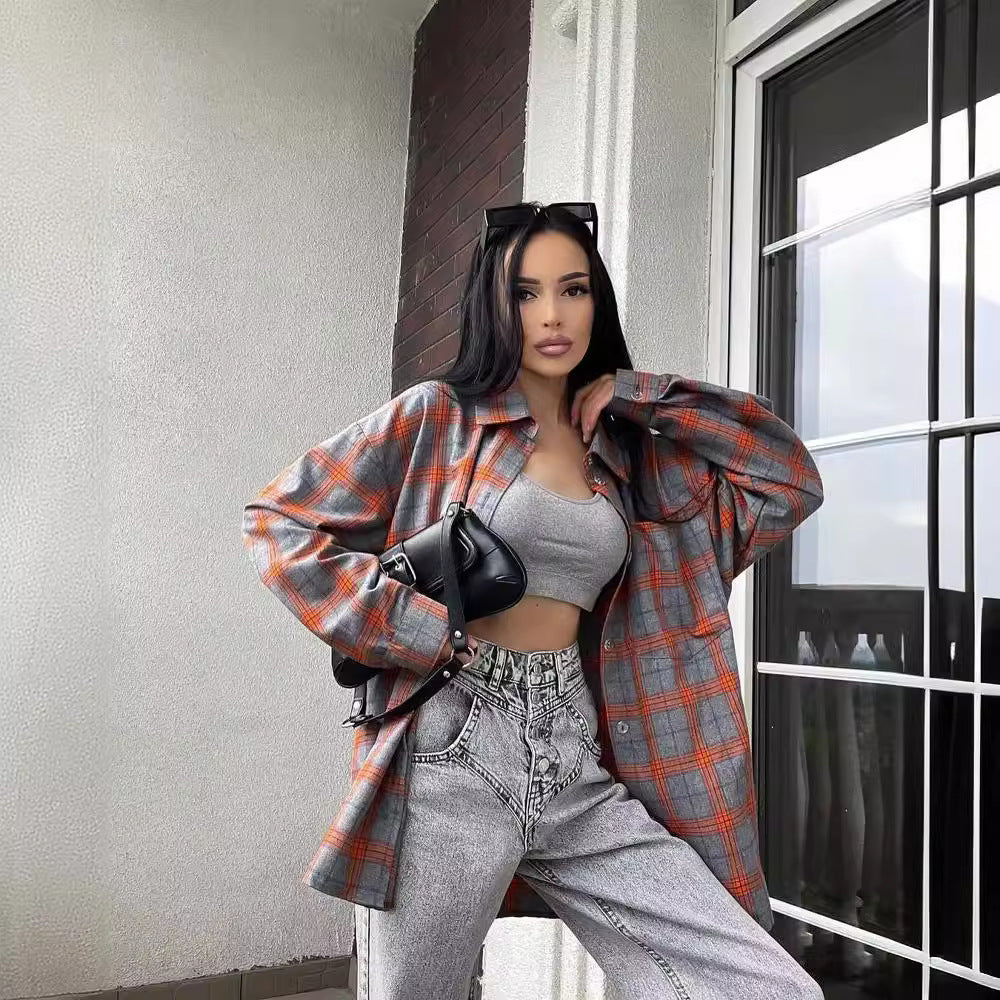 Women's Retro Easy Matching Lapel Loose Plaid Long-sleeved Blouse