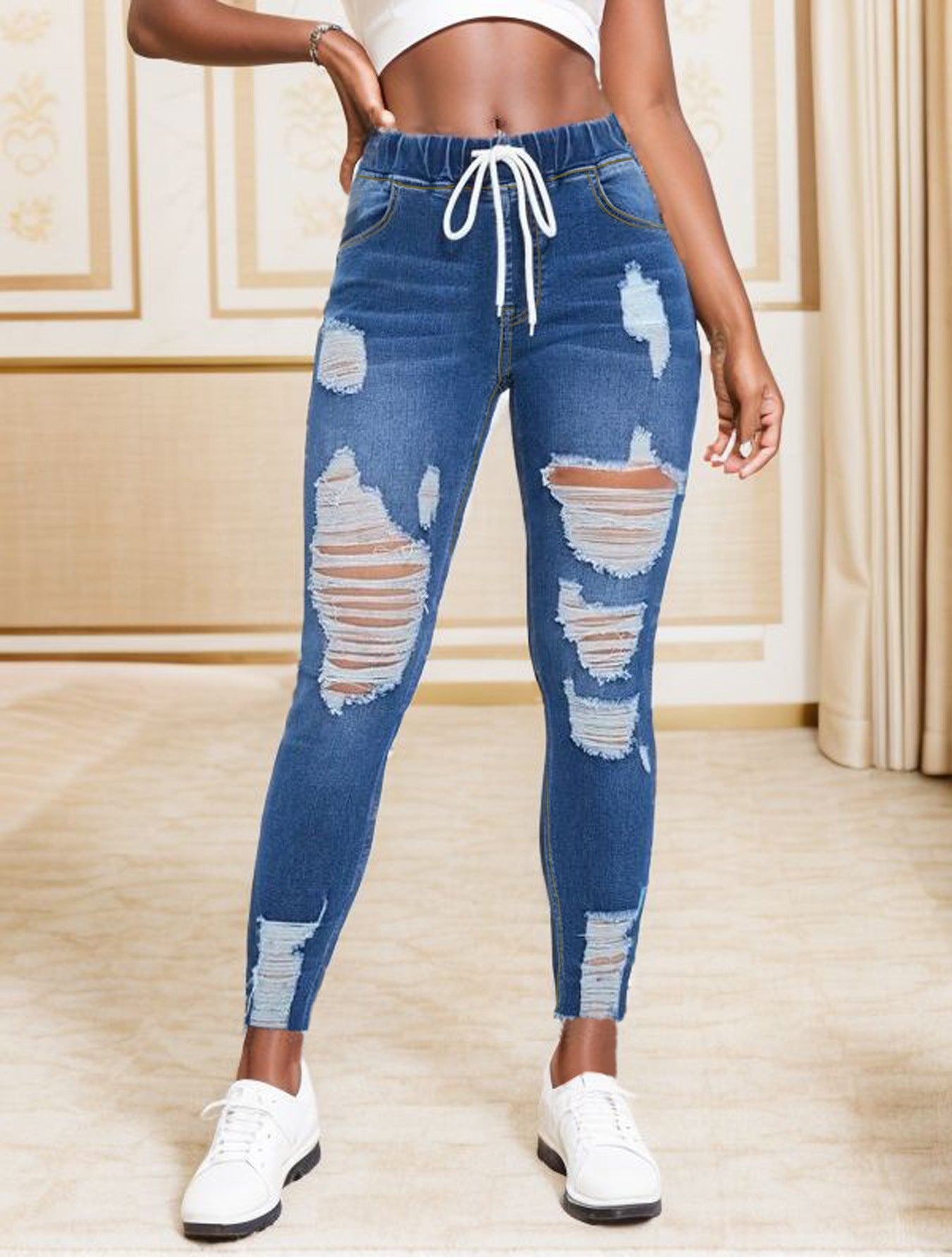 Women's Elastic Waist Stretch Ripped For Skinny Women's Jeans