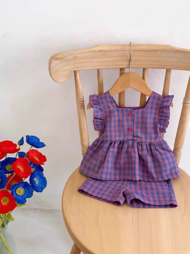 Summer Flounced Sleeve Plaid Fashion Western Children's Suit