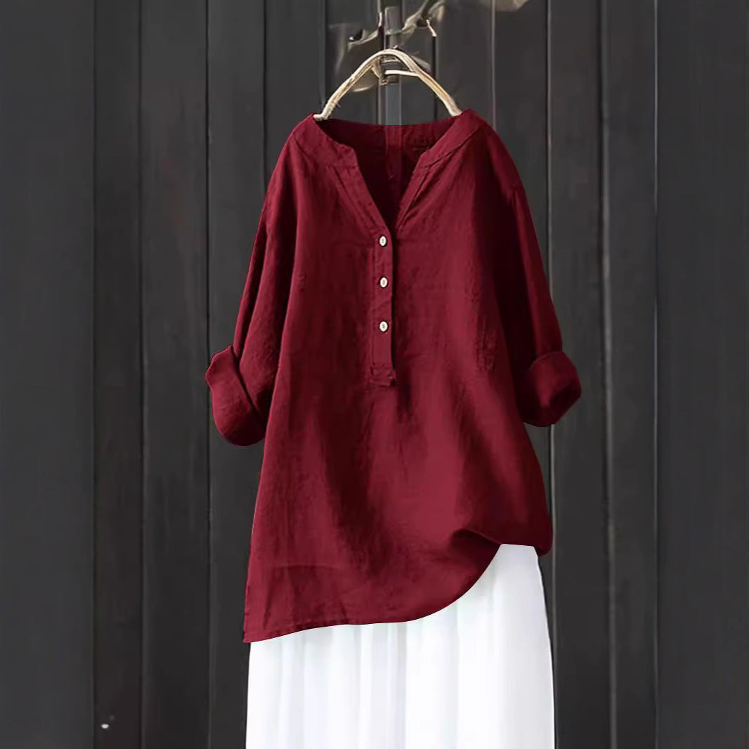 Women's Loose Solid Color Shirt Cotton Linen Pocket Long Blouse